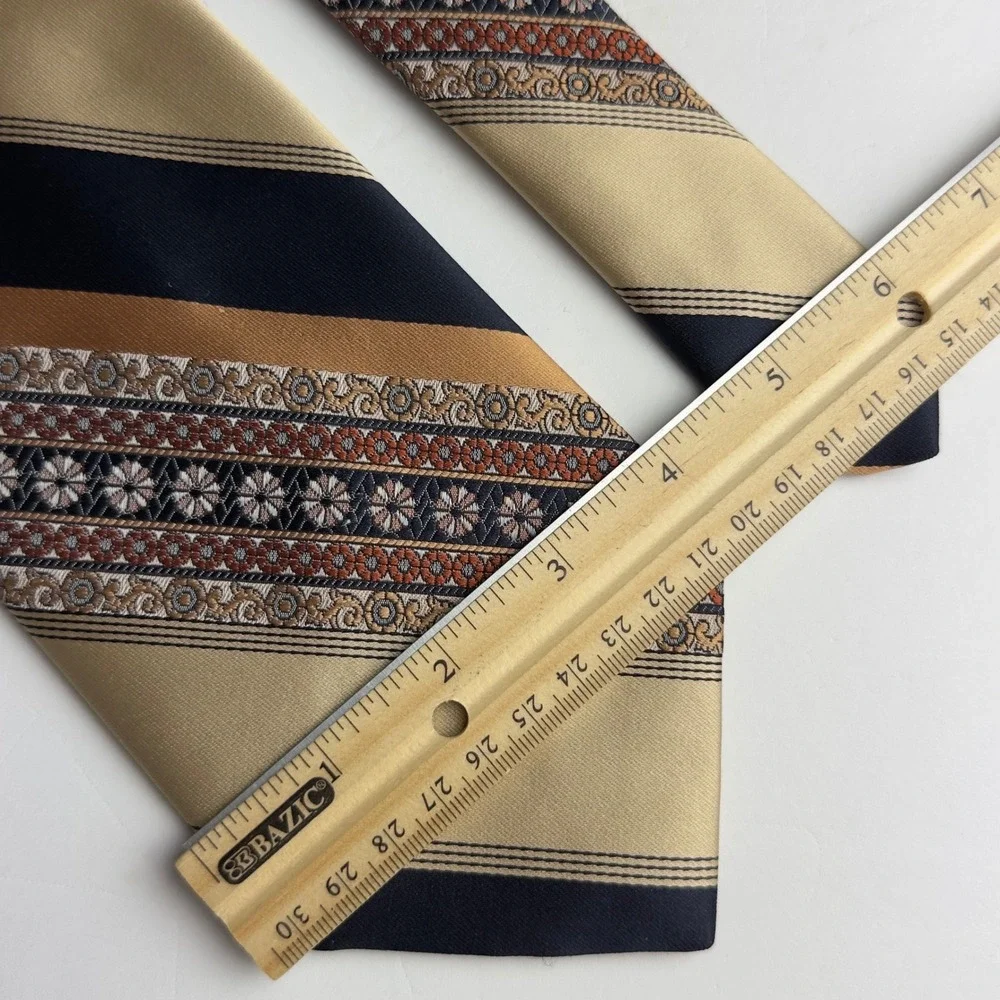 Vintage Damon Mens Tie Navy Gold Rust Striped Floral Brocade 70s Wide Polyester